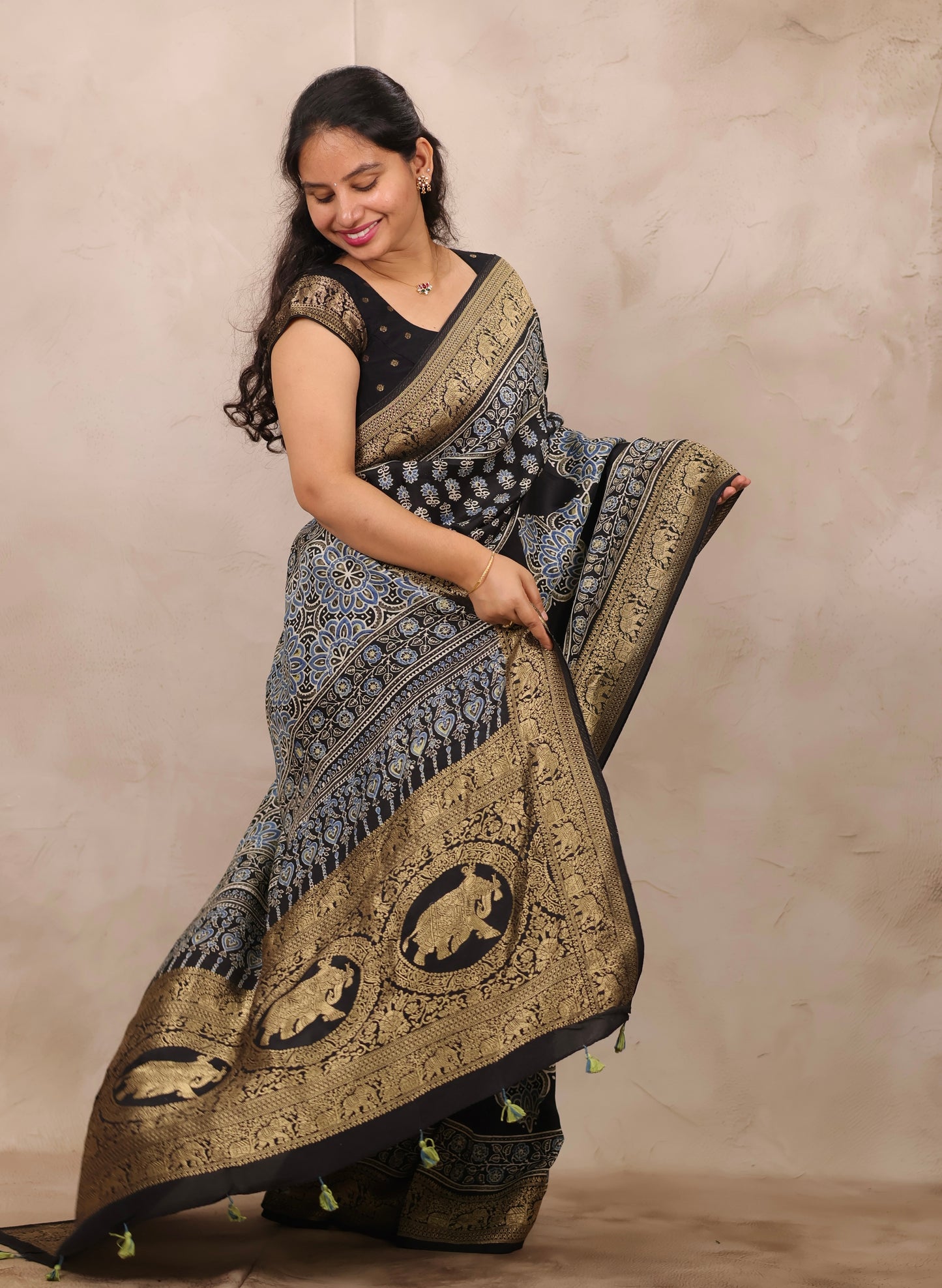 Black Ajrakh Handblock printed Dola Silk Saree | Looms & Tassels