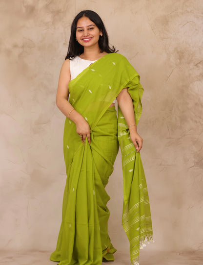 Parrot Green Malai Cotton Saree with Butta Weaving | Looms & Tassels