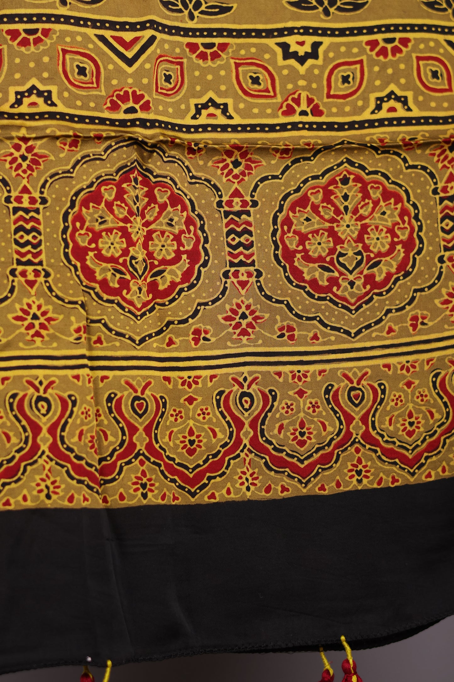 Mustard Ajrakh Hand Block Printed Modal Silk Stole | Looms & Tassels