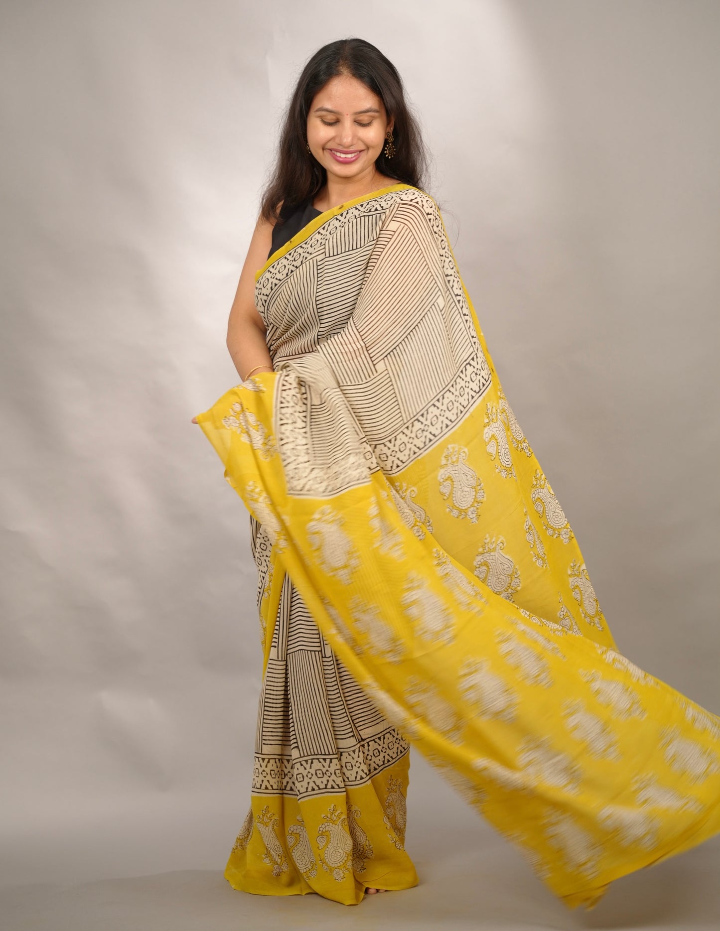 Cream & Yellow Georgette Hand Block Printed Saree| Looms & Tassels
