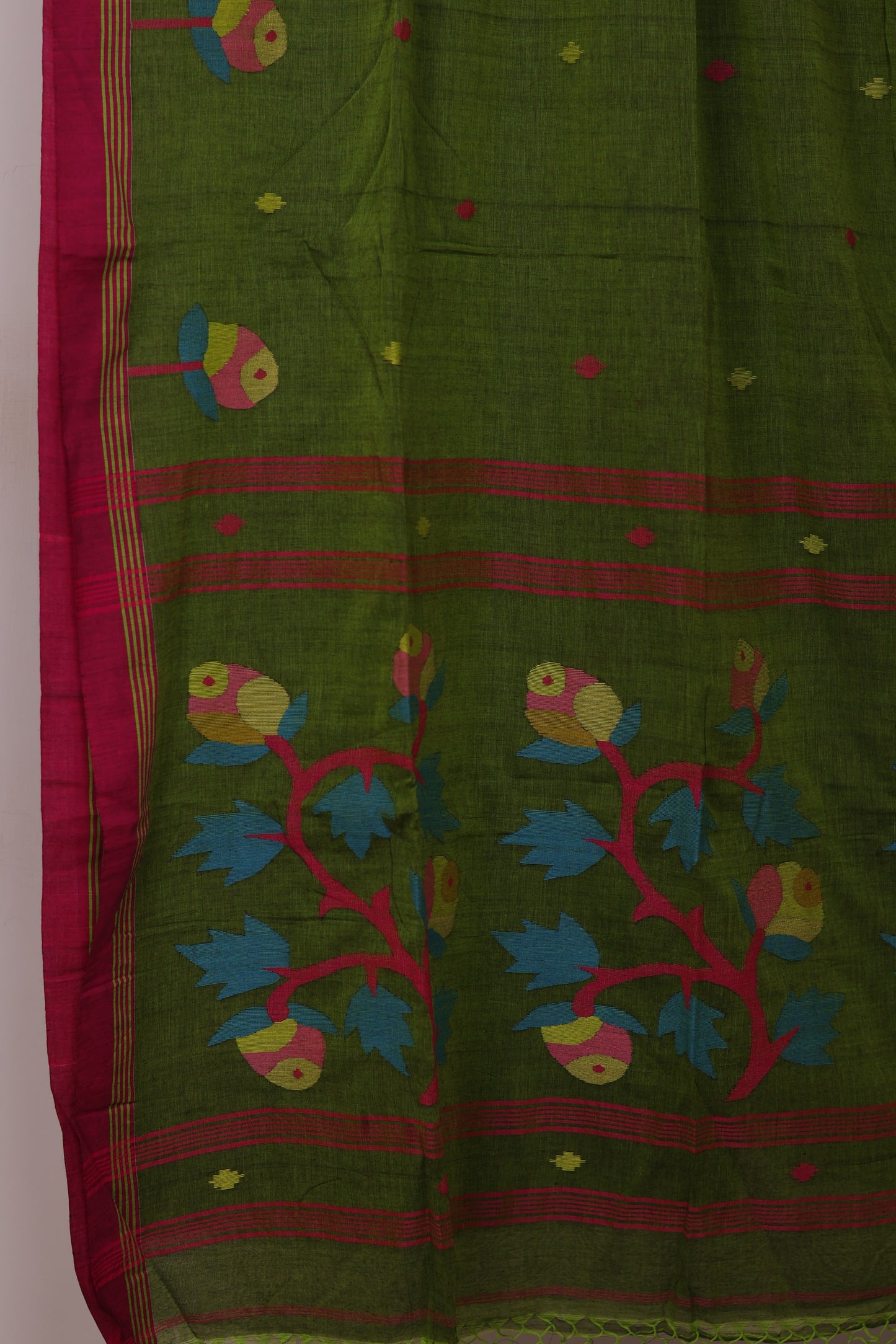 Green Pure Handwoven Jamdhani Malai Cotton Saree