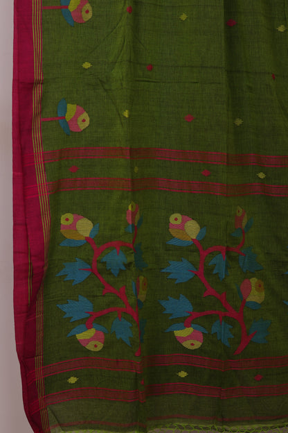 Green Pure Handwoven Jamdhani Malai Cotton Saree