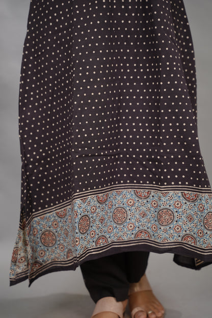 Black Ajrakh Pattern Hand Block printed Aline Kurti | Looms & Tassels