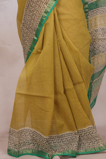 Yellow Pure Kota Doria Saree with Bagru Handblock Prints | Looms & Tassels