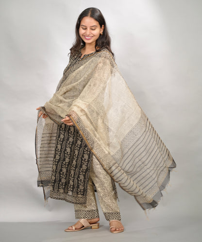 Black Handblock printed kota 3 piece suit (stitched)