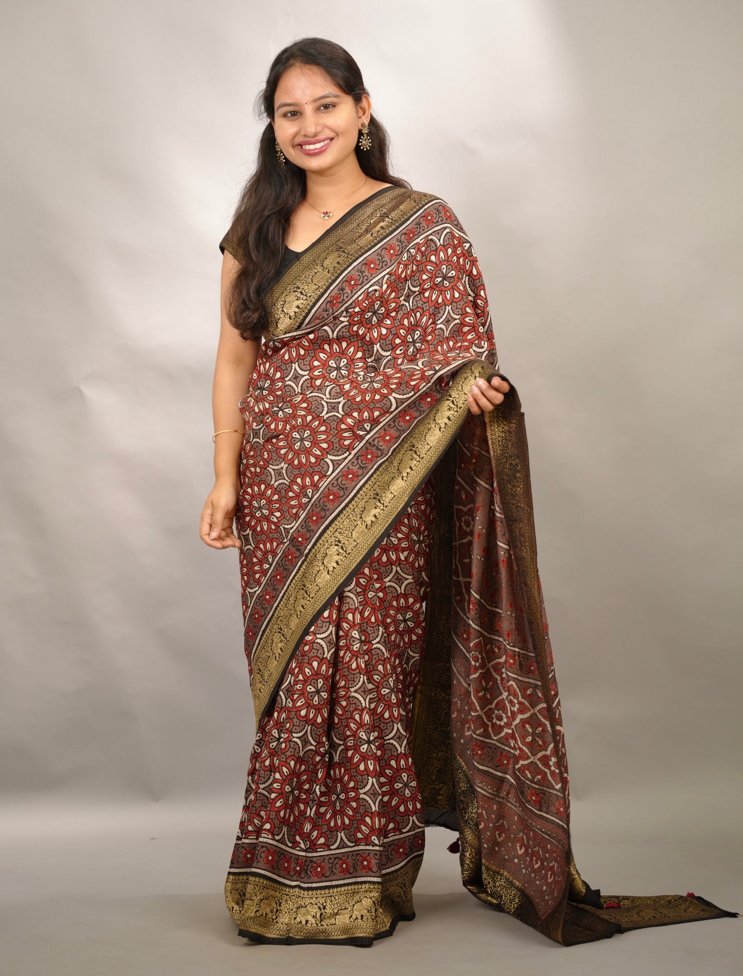 Ajrakh Handblock printed Dola Silk Saree | Looms & Tassels