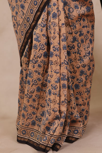 Maheswari Silk Cotton Ajrakh Handblock Printed Saree | Looms & Tassels