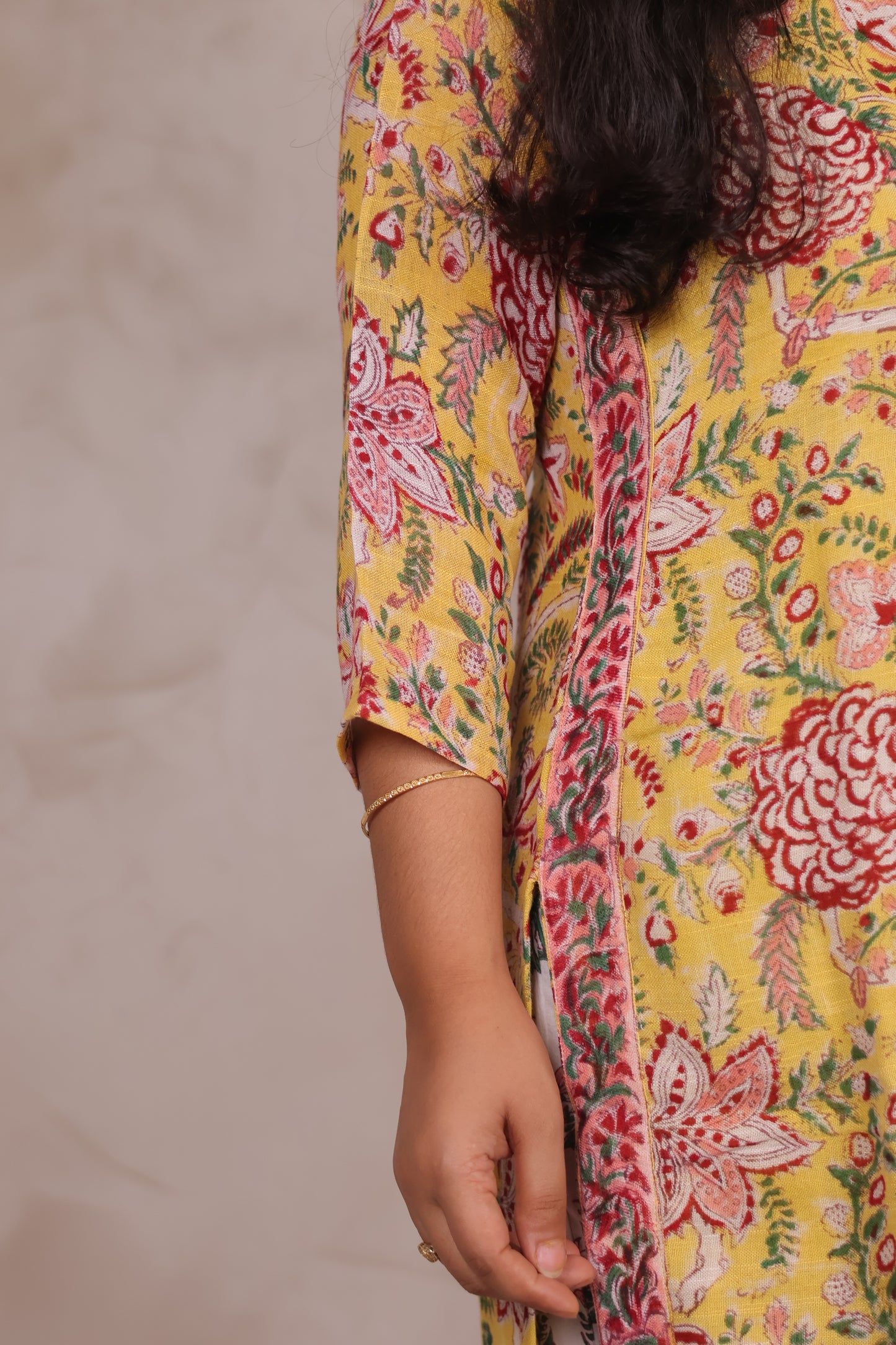 Yellow Linen Cotton Handblock printed 3 piece suit (stitched)