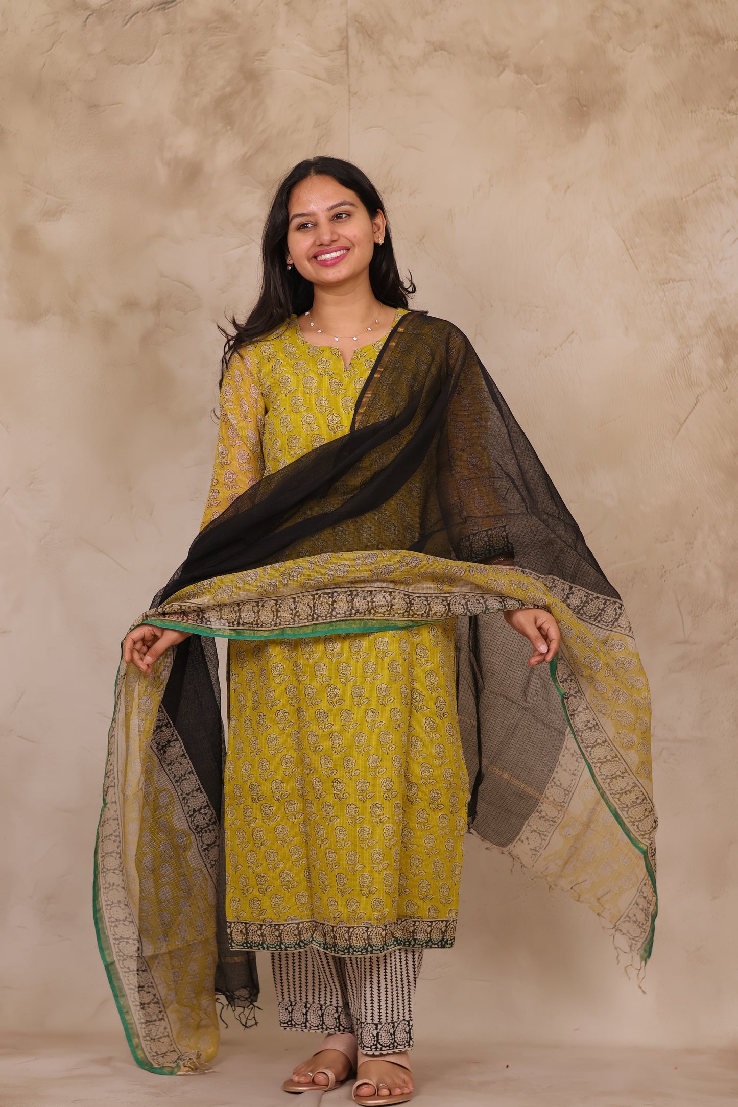 Yellow Handblock printed kota 3 piece suit (stitched)