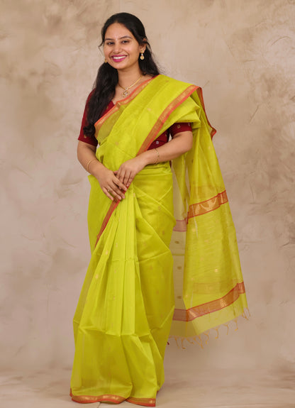 Lime Green Handloom Maheswari Silk Cotton Sarees | Looms & Tassels