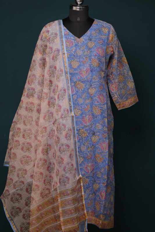 Pastel Blue Handblock printed kota 3 piece suit (stitched)