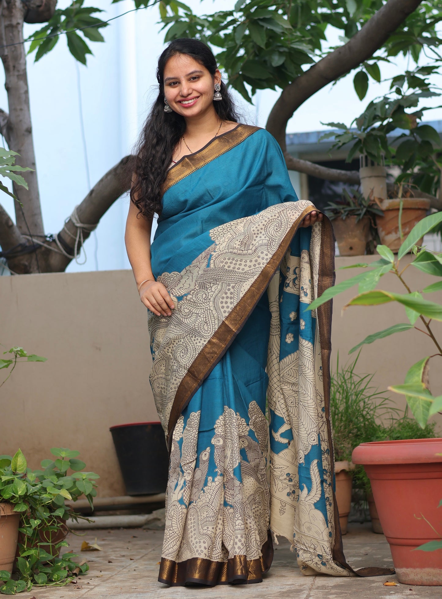 Teal Blue & Cream Traditional Folks Kalamkari Silk Handcrafted Nizam Border Saree