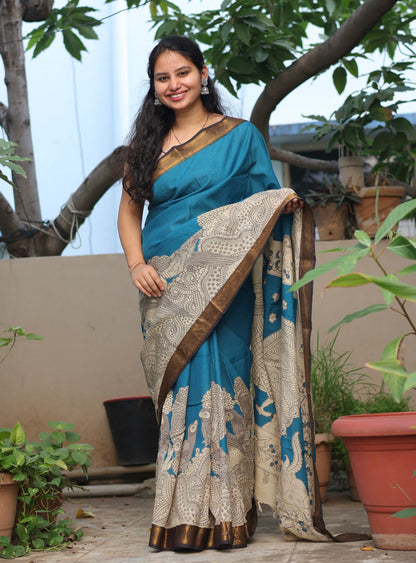 Teal Blue & Cream Traditional Folks Kalamkari Silk Handcrafted Nizam Border Saree