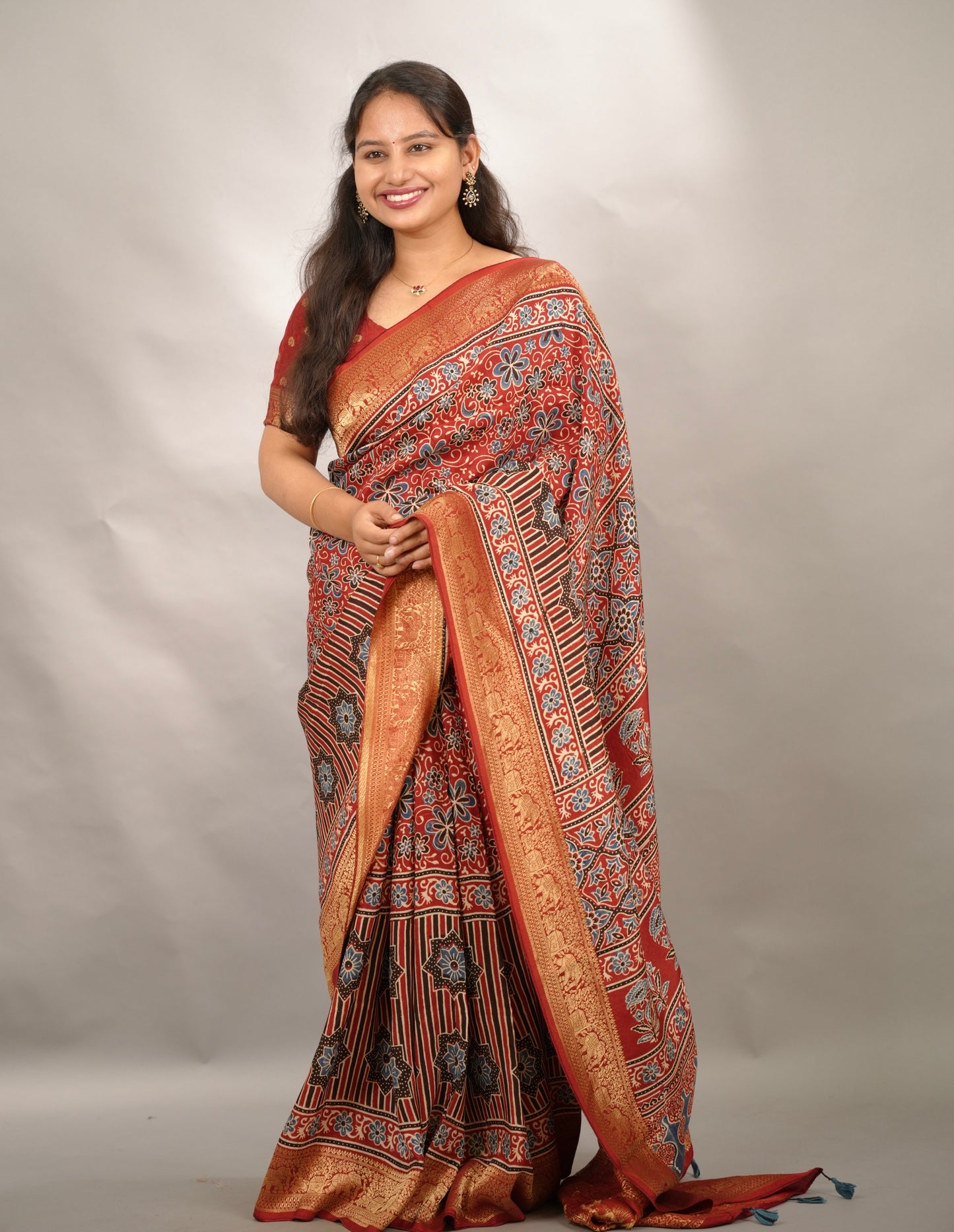 Red Ajrakh Handblock printed Dola Silk Saree | Looms & Tassels