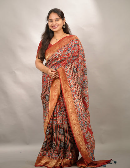 Red Ajrakh Handblock printed Dola Silk Saree | Looms & Tassels