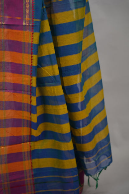 Peacock Blue Narayanpet Cotton Saree With Ganga And Jamuna Border | Looms & Tassels