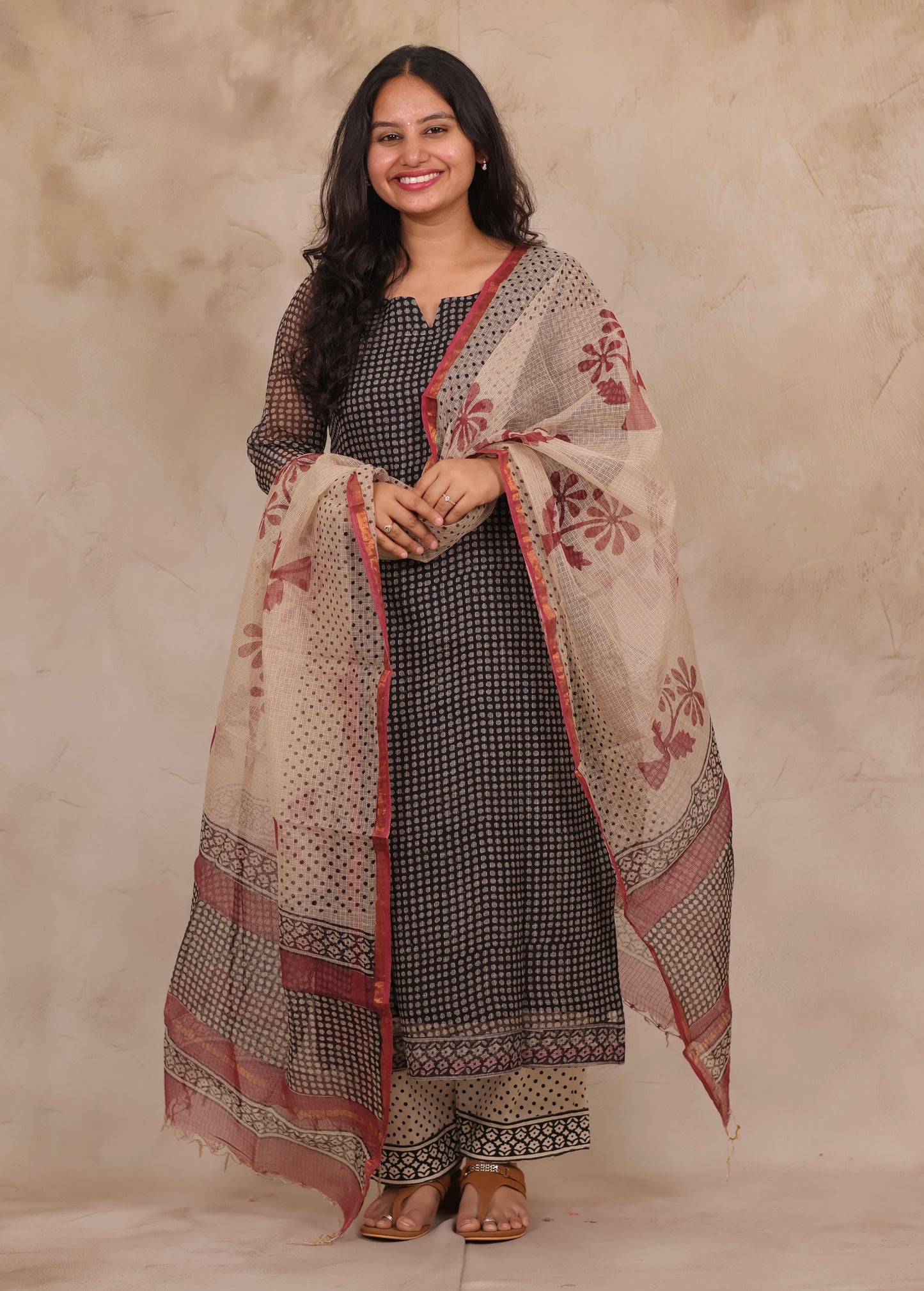 Black Polka Dots Handblock printed kota 3 piece suit (stitched)