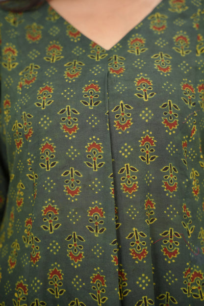 Green Ajrakh Cotton Kali Kurta | Looms & Tassels