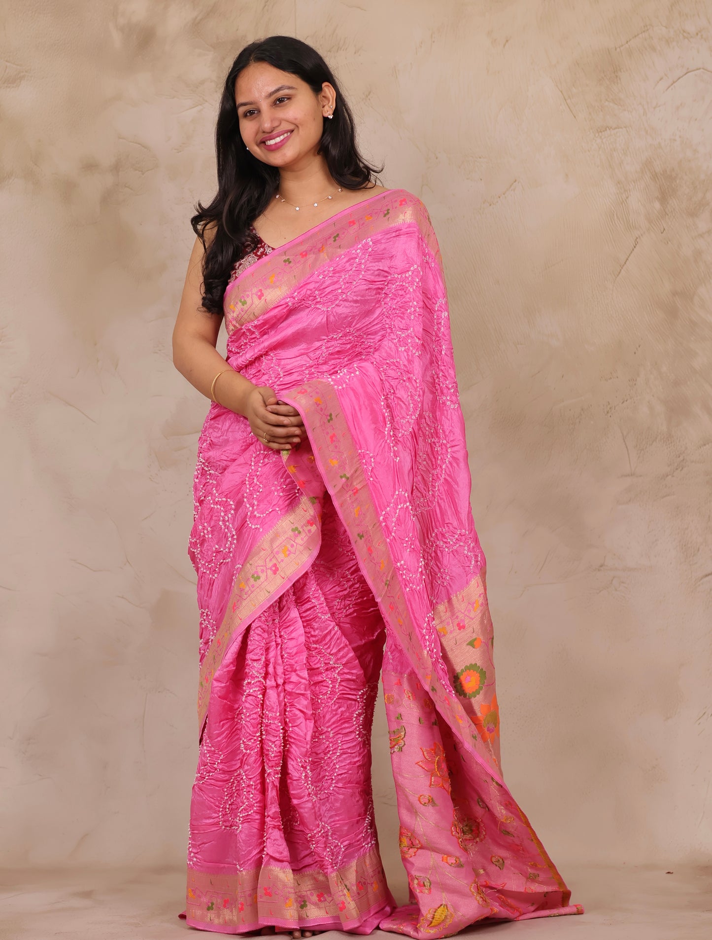 Pink Handcrafted Pattern Bandhani Paithani Dola Silk Saree | Looms & Tassels