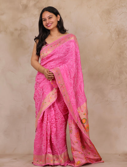 Pink Handcrafted Pattern Bandhani Paithani Dola Silk Saree | Looms & Tassels