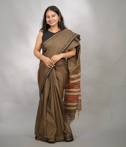 Grey Narayanpet Cotton Saree With Temple Border | Looms & Tassels