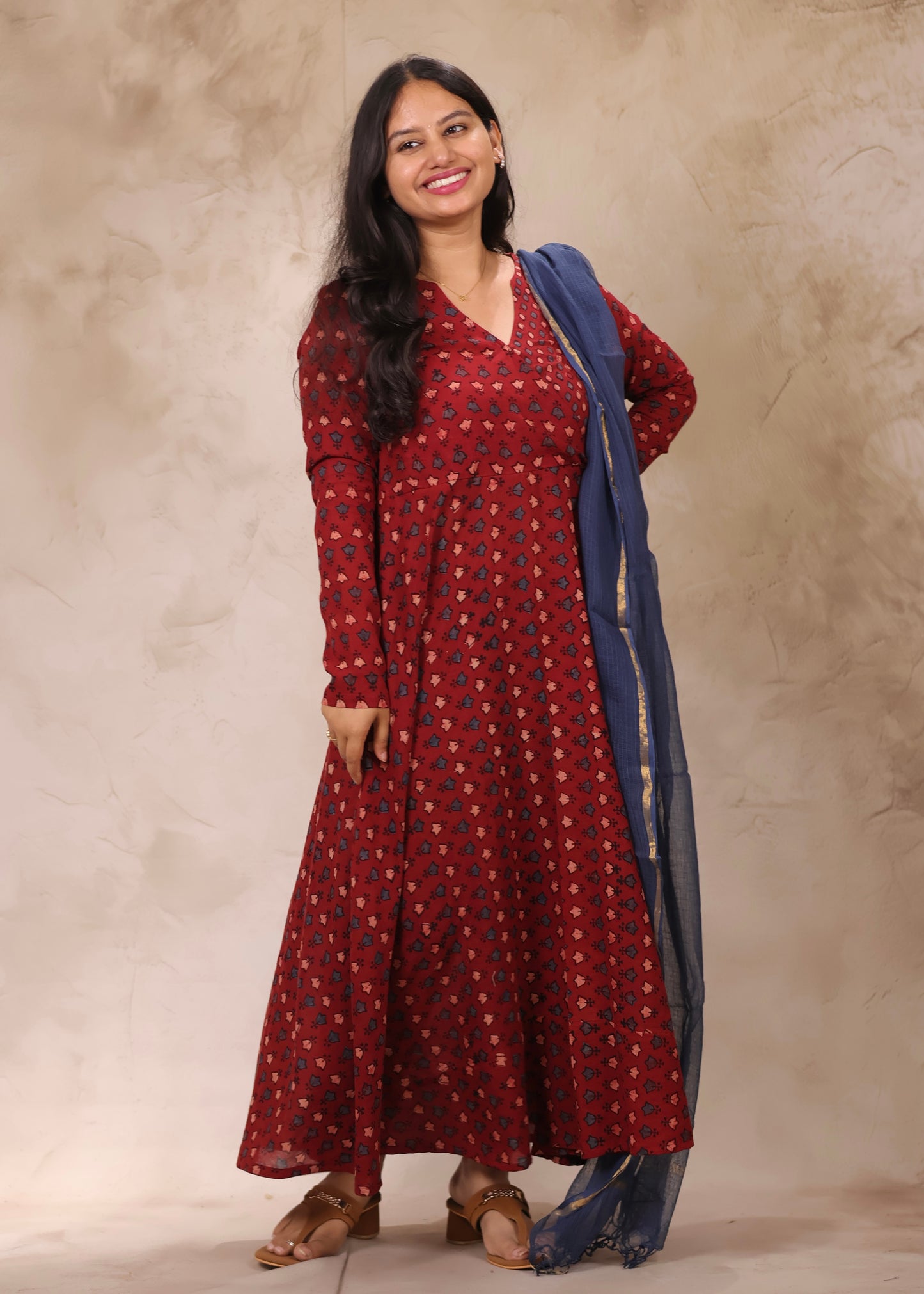 Maroon Pure Cotton Ajrakh Hand Block Printed Angarkha Kurta with Kota Dupatta | Looms & Tassels