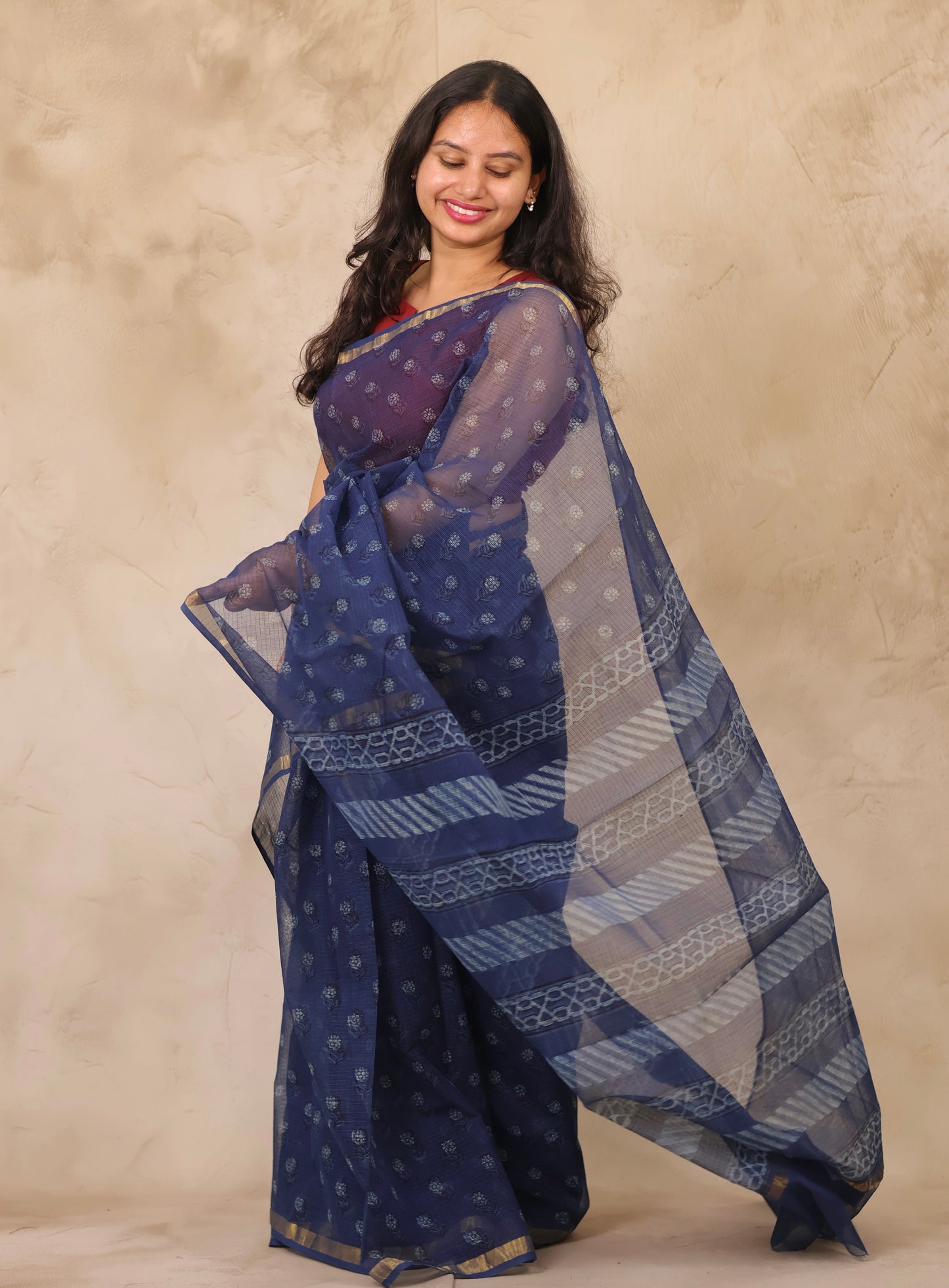 Dark Blue Pure Kota Doria Saree with Bagru Handblock Prints | Looms & Tassels