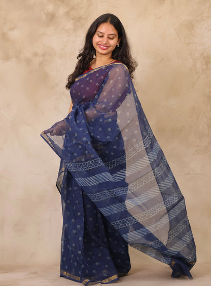 Dark Blue Pure Kota Doria Saree with Bagru Handblock Prints | Looms & Tassels