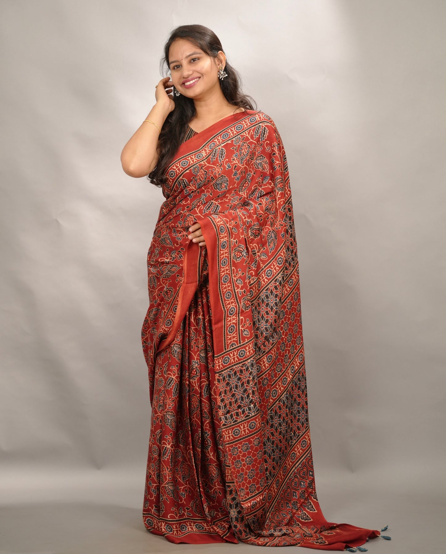 Red Authentic Ajrakh Handblock Printed Modal Silk Saree | Looms & Tassels