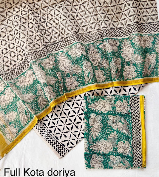 Handblock printed pure kota doria cotton 3 piece suit set