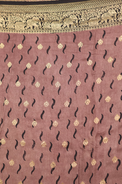 Dusty Brown Ajrakh Handblock printed Dola Silk Saree | Looms & Tassels