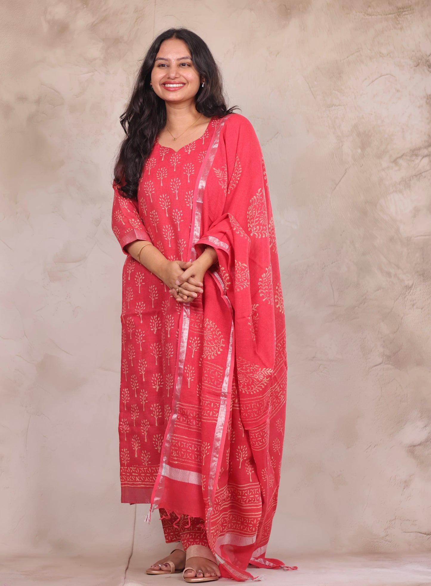 Pink Linen Cotton Handblock printed 3 piece suit (stitched)