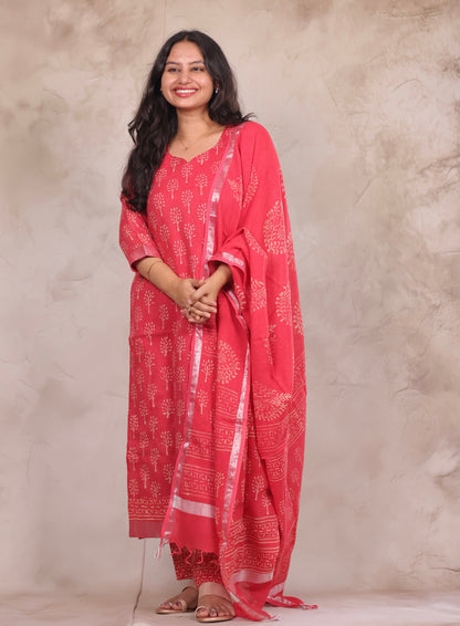 Pink Linen Cotton Handblock printed 3 piece suit (stitched)