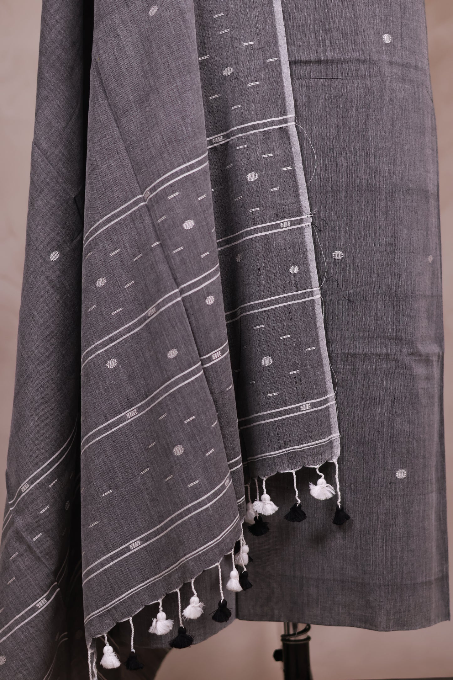 Grey Handwoven Jamdhani weaving pure Malai cotton 2 piece suit sets | Looms & Tassels