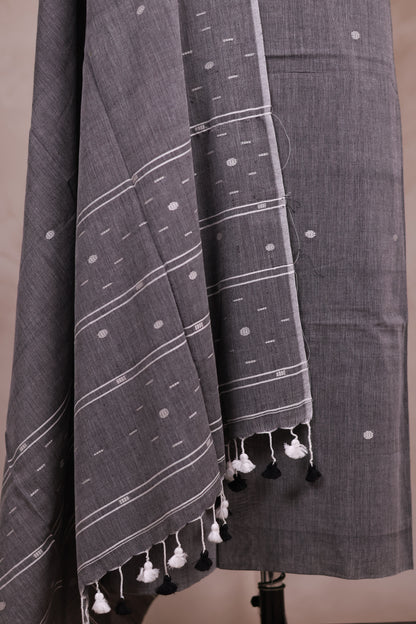 Grey Handwoven Jamdhani weaving pure Malai cotton 2 piece suit sets | Looms & Tassels