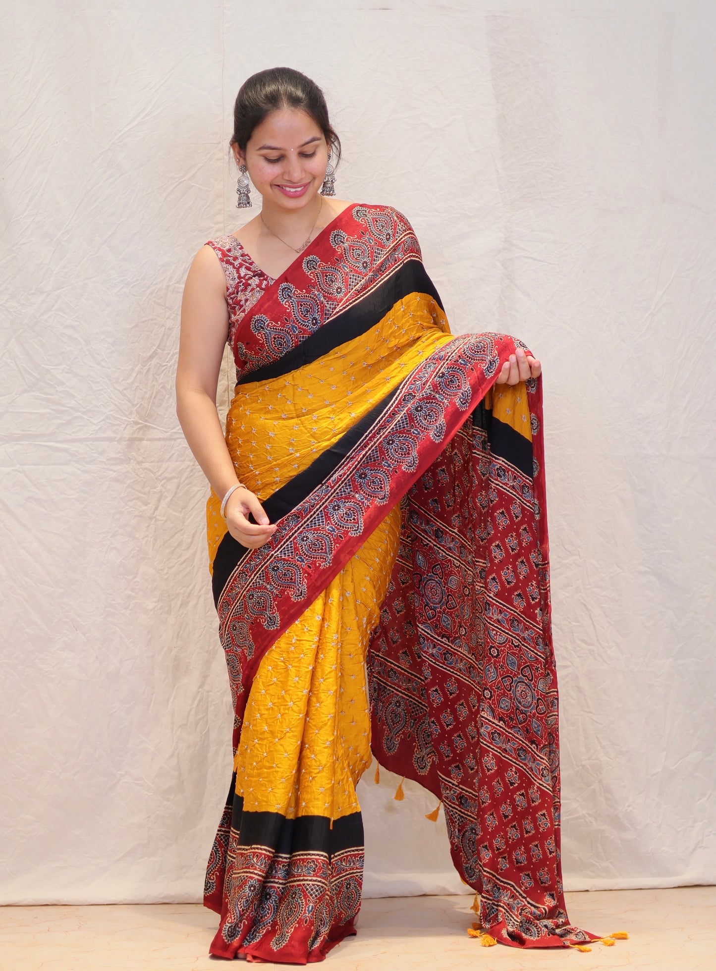 Yellow Ajrakh Bandhej Modal Silk
