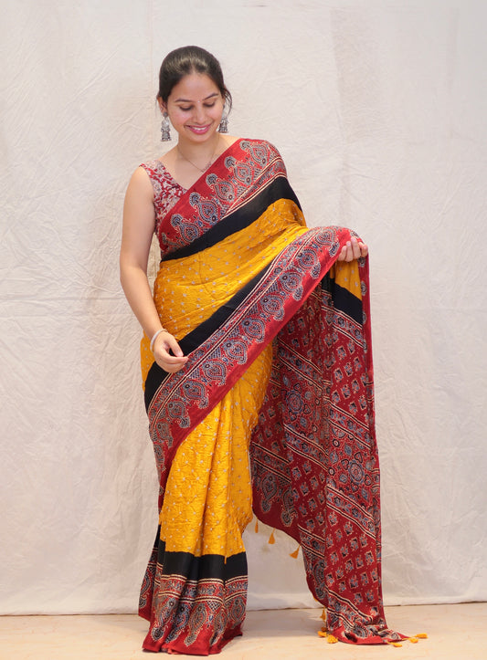 Yellow Ajrakh Bandhej Modal Silk