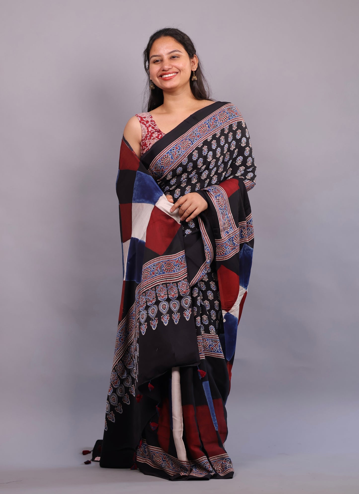 Authentic Ajrakh Handblock Printed Modal Silk Saree | Looms & Tassels