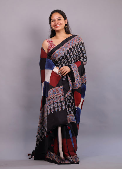 Authentic Ajrakh Handblock Printed Modal Silk Saree | Looms & Tassels