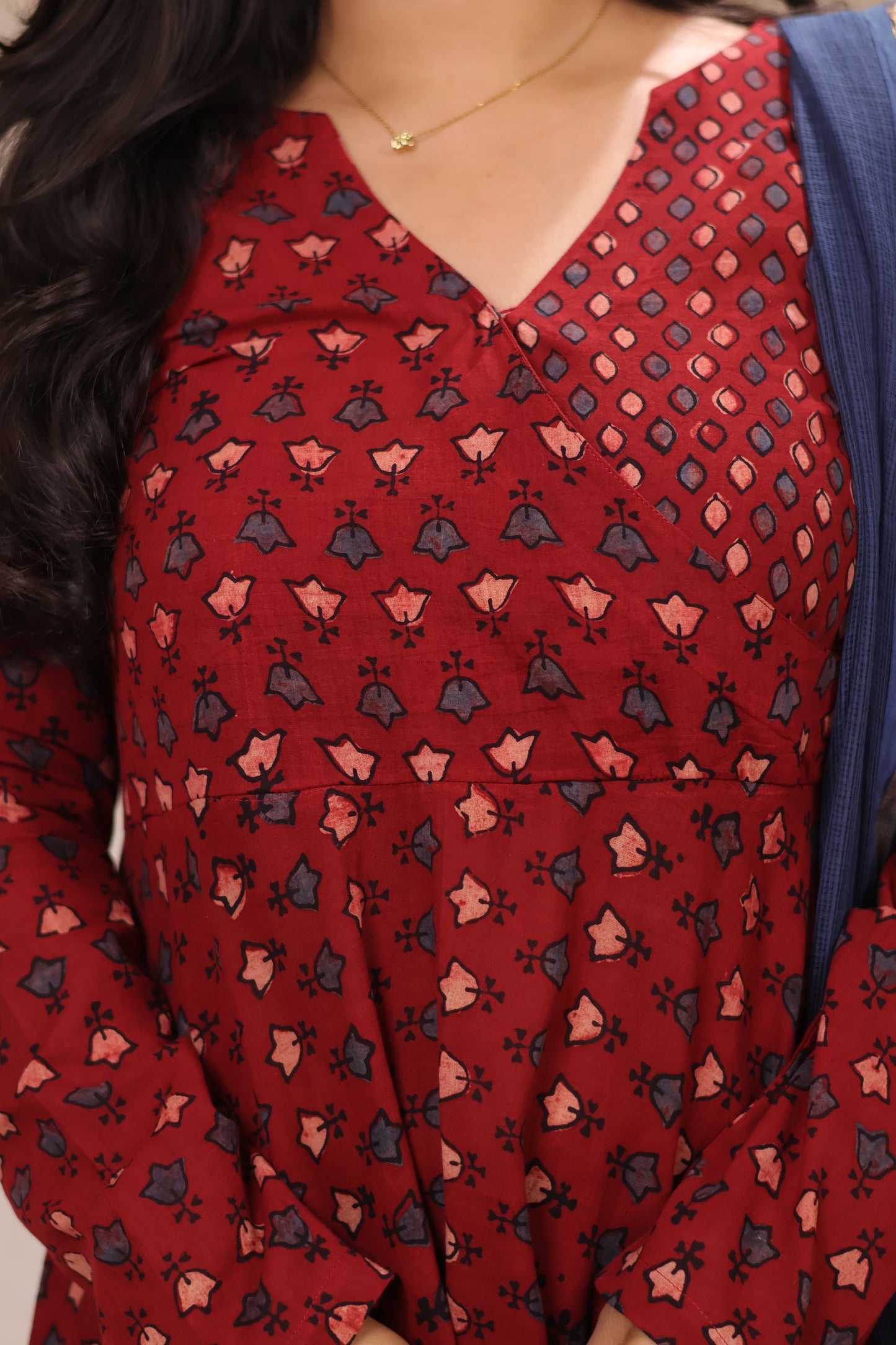 Maroon Pure Cotton Ajrakh Hand Block Printed Angarkha Kurta with Kota Dupatta | Looms & Tassels