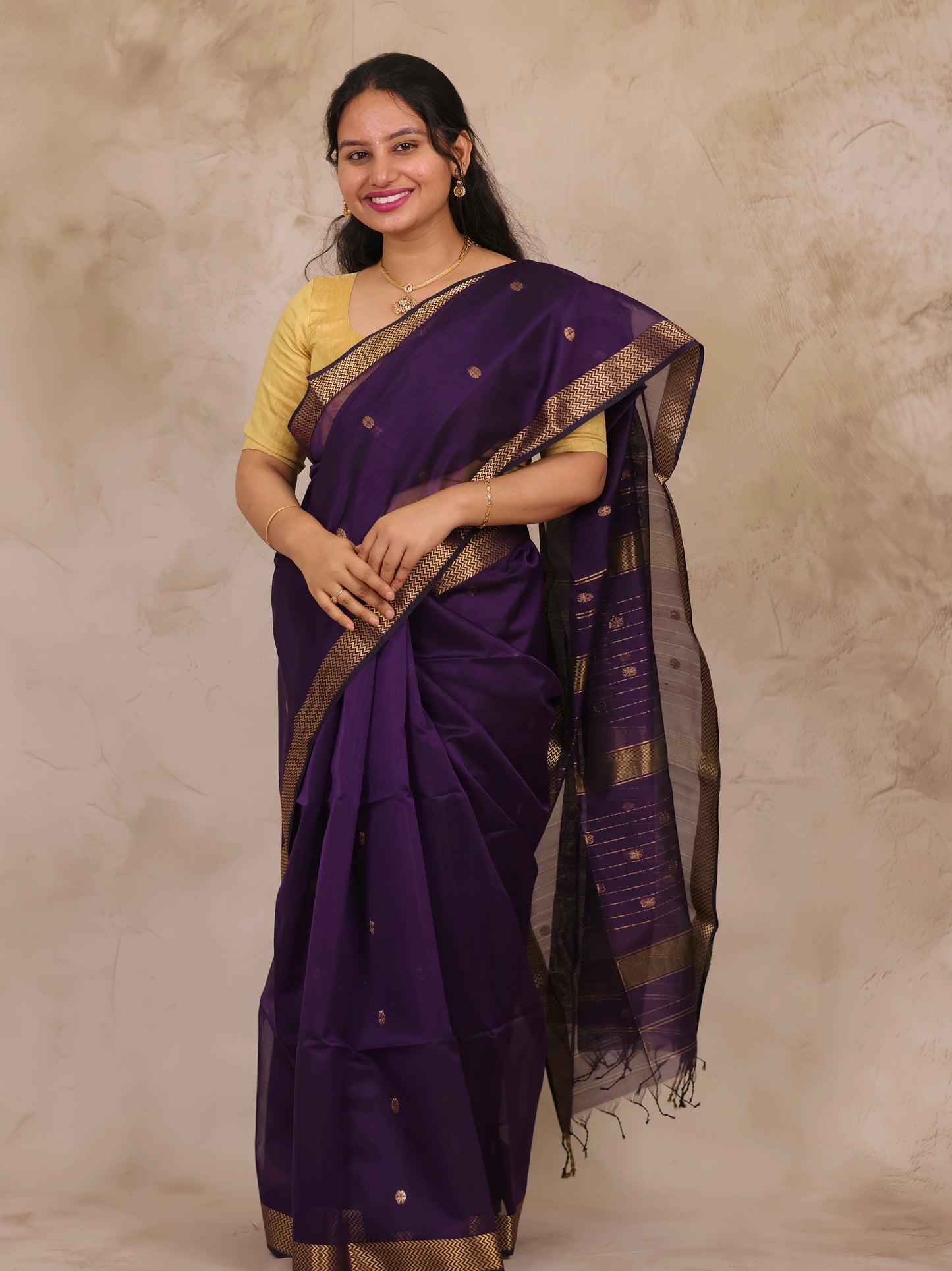 Purple Handloom Maheswari Silk Cotton Sarees | Looms & Tassels