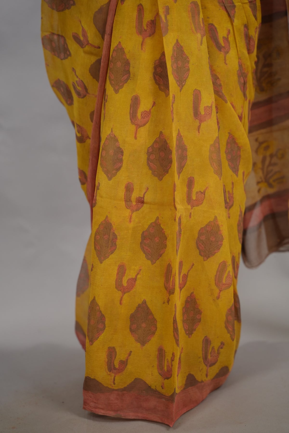 Mustard & Peach Chiffon Hand Block Printed Saree | Looms & Tassels