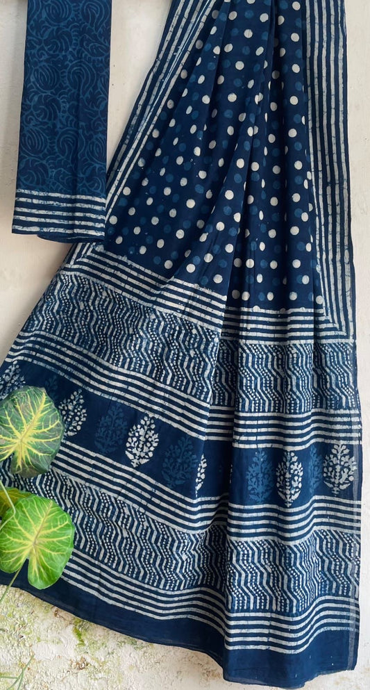Indigo Bagru Handblock printed MulMul cotton saree