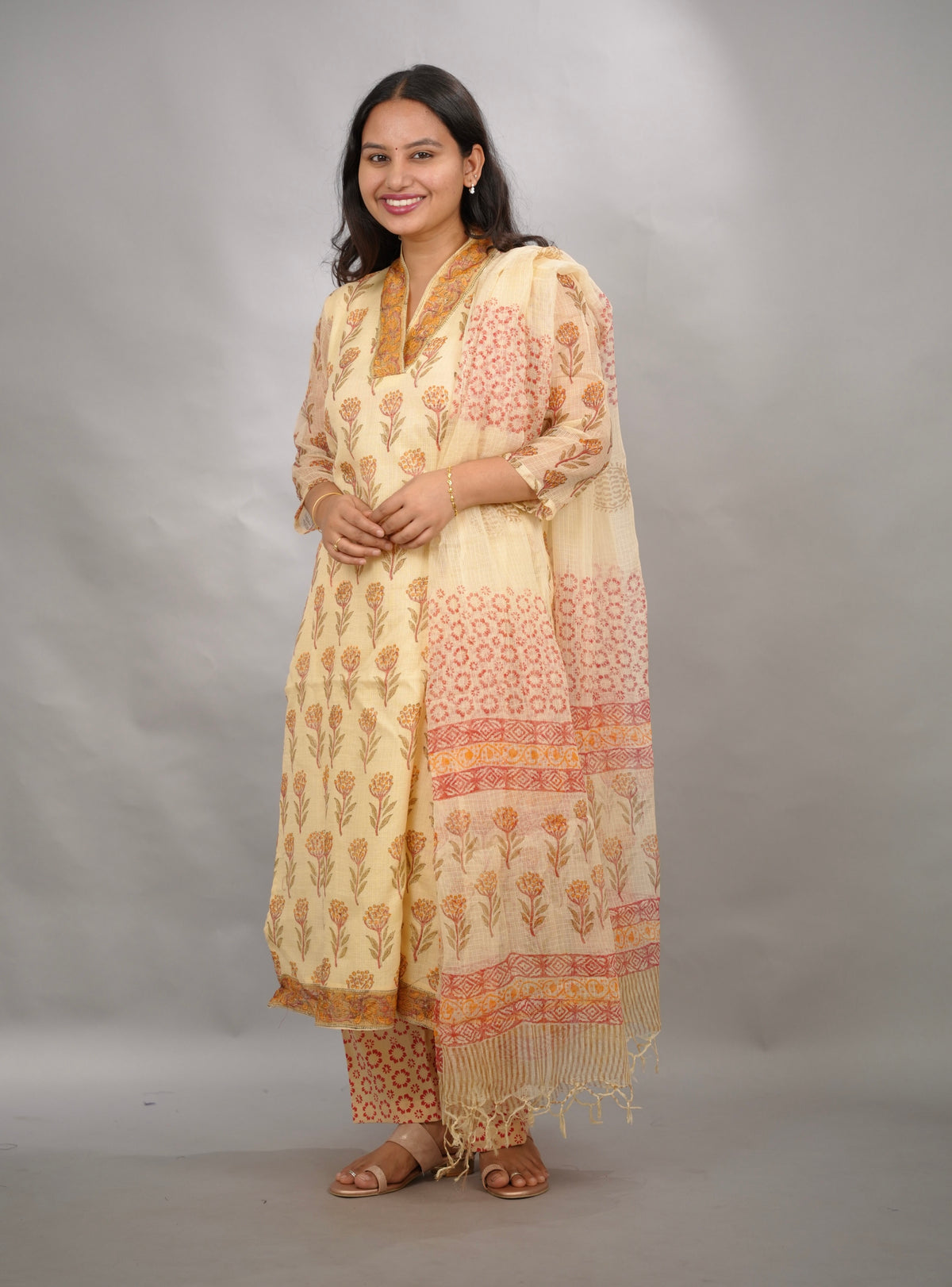Cream Handblock printed kota 3 piece suit (stitched)| Looms & Tassels