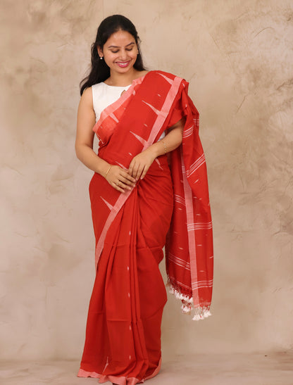 Orange Handwoven Malai Cotton Saree| Looms & Tassels