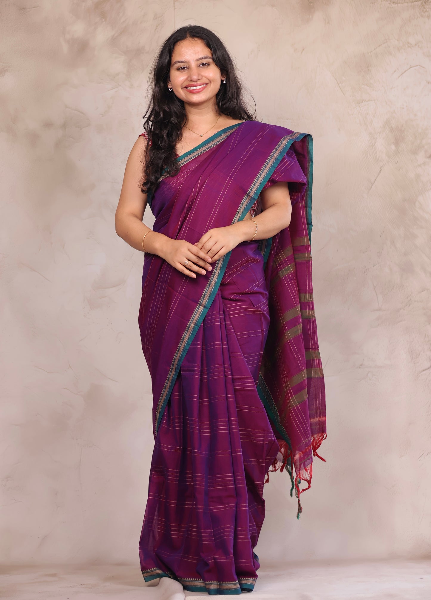 Purple Narayanpet Cotton Saree lines weaving | Looms & Tassels