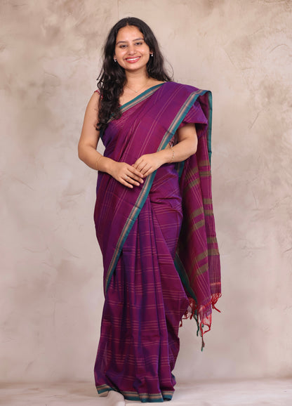 Purple Narayanpet Cotton Saree lines weaving | Looms & Tassels