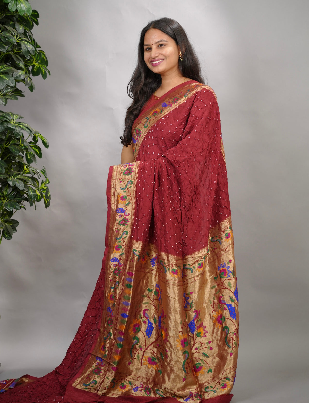 Maroon Handcrafted Bandhani Paithani Dola Silk Saree | Looms & Tassels