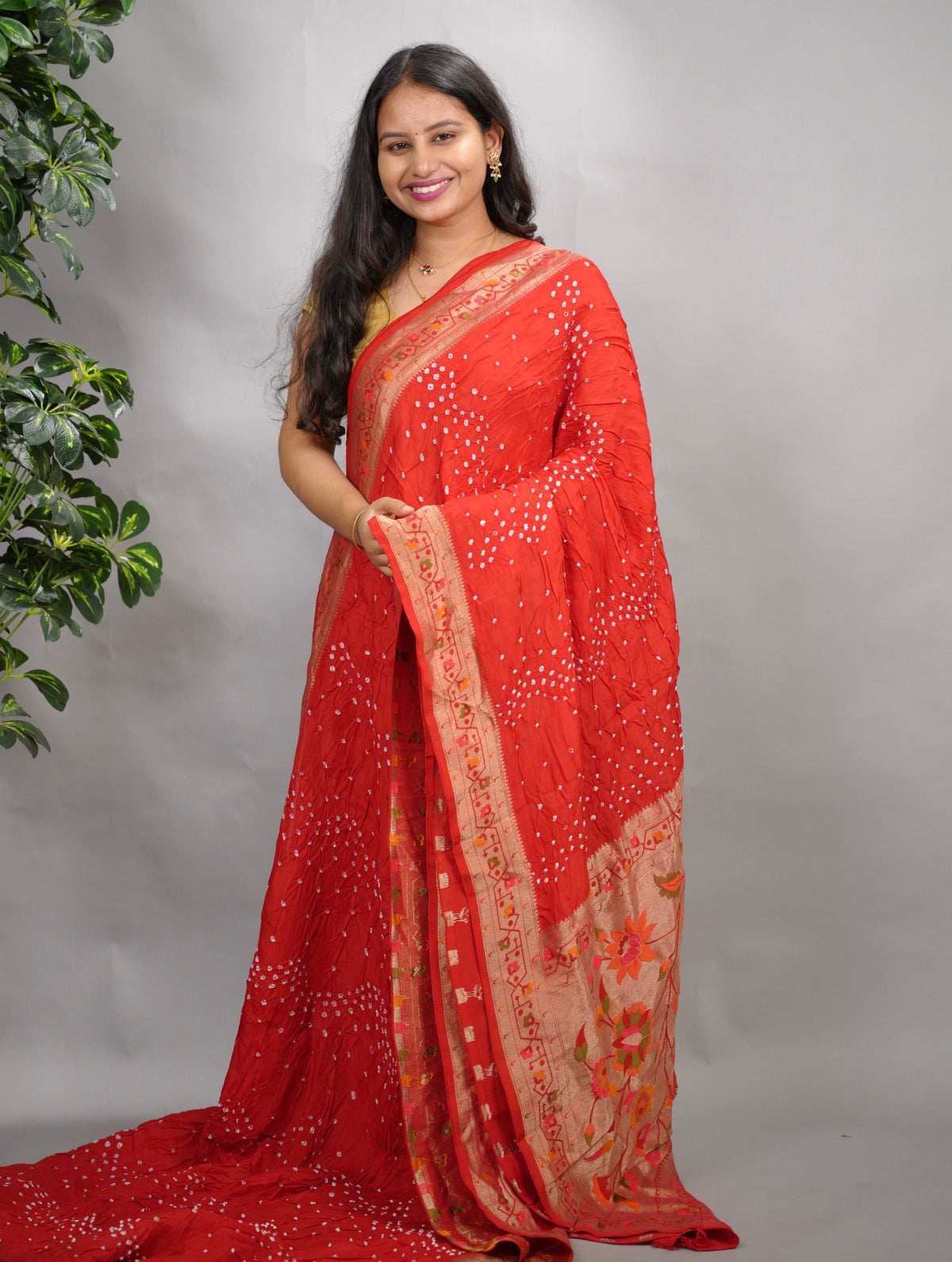 Red Handcrafted  Pattern Bandhani Paithani Dola Silk Saree | Looms & Tassels