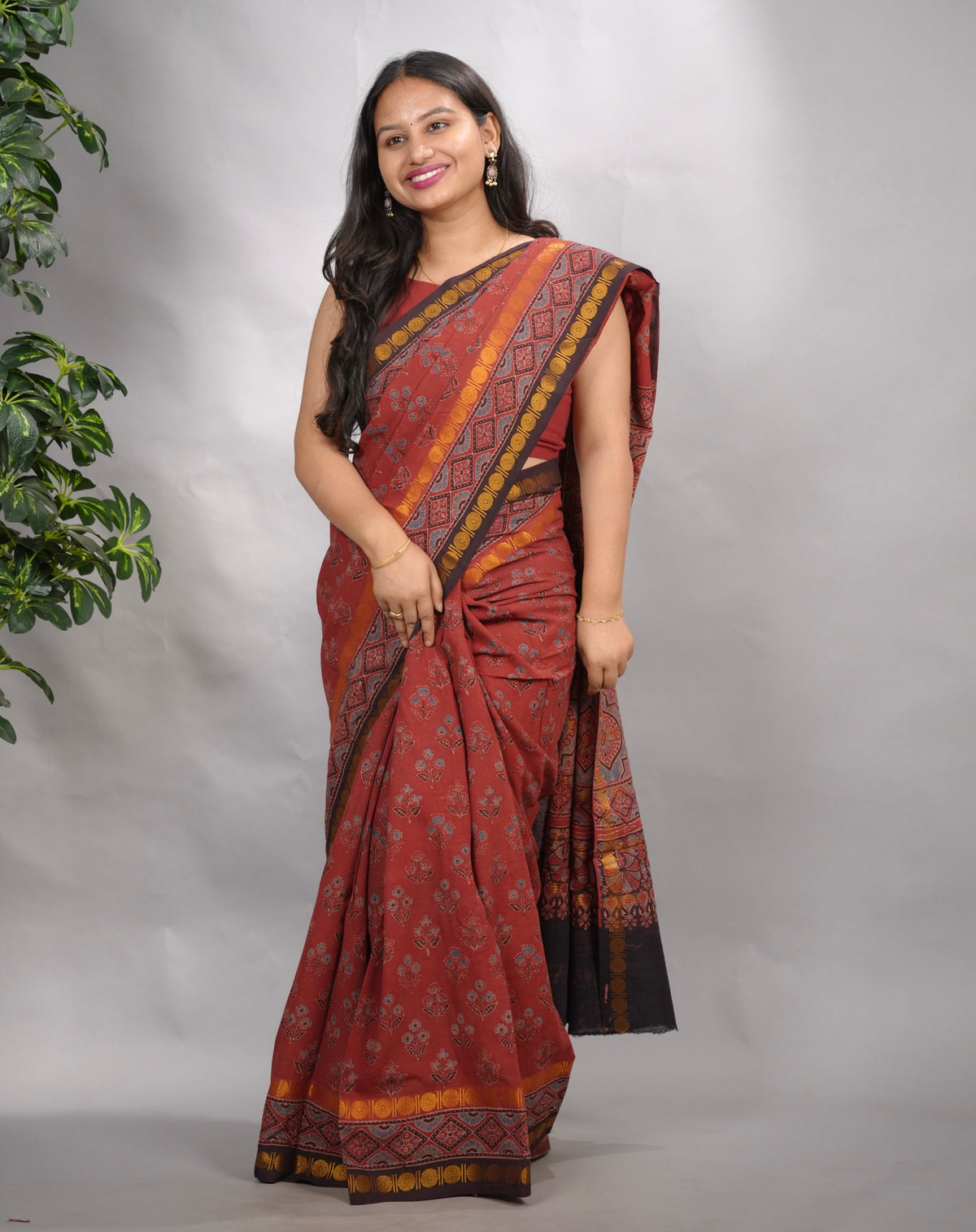 Maroon Ajrakh Hand Block Printed Sungudi Cotton Saree | Looms & Tassels